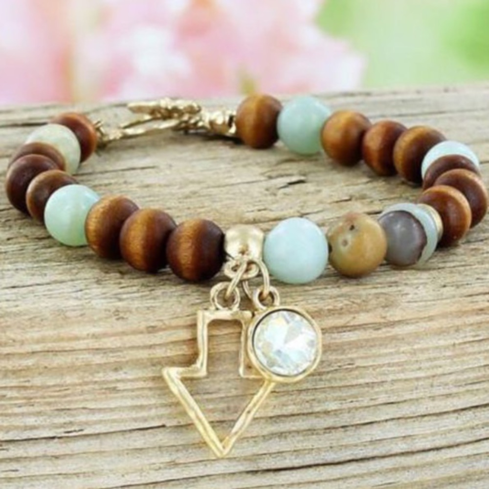 Wood Amazonite Beaded Arrow Charm Bracelet